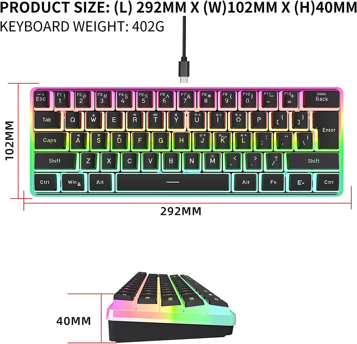 Snpurdiri 60% Membrane Wired Gaming Keyboard, RGB, Black Pudding ...