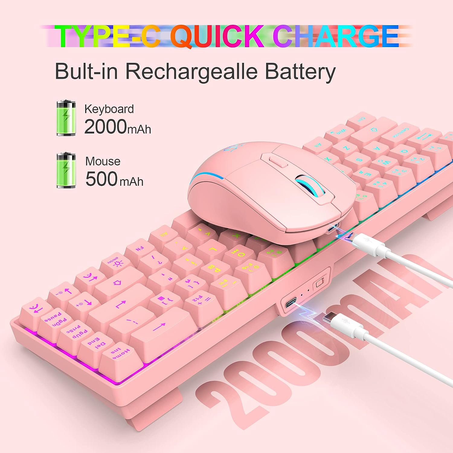 Snpurdiri 60% Pink Wireless Gaming Keyboard and Mouse Combo,LED Backlit Rechargeable 2000mAh Battery