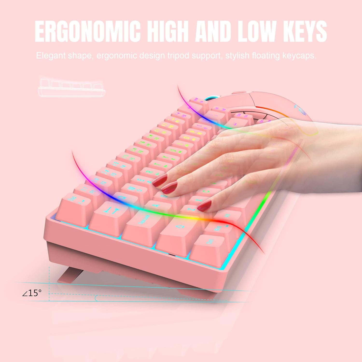 Snpurdiri 60% Pink Wireless Gaming Keyboard and Mouse Combo,LED Backlit Rechargeable 2000mAh Battery