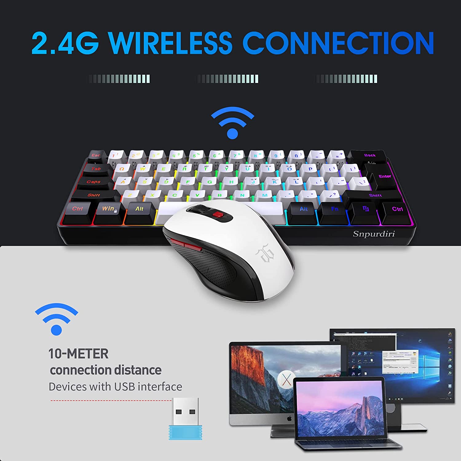 Snpurdiri 2.4G Wireless Gaming Keyboard and Mouse Combo, Black-White