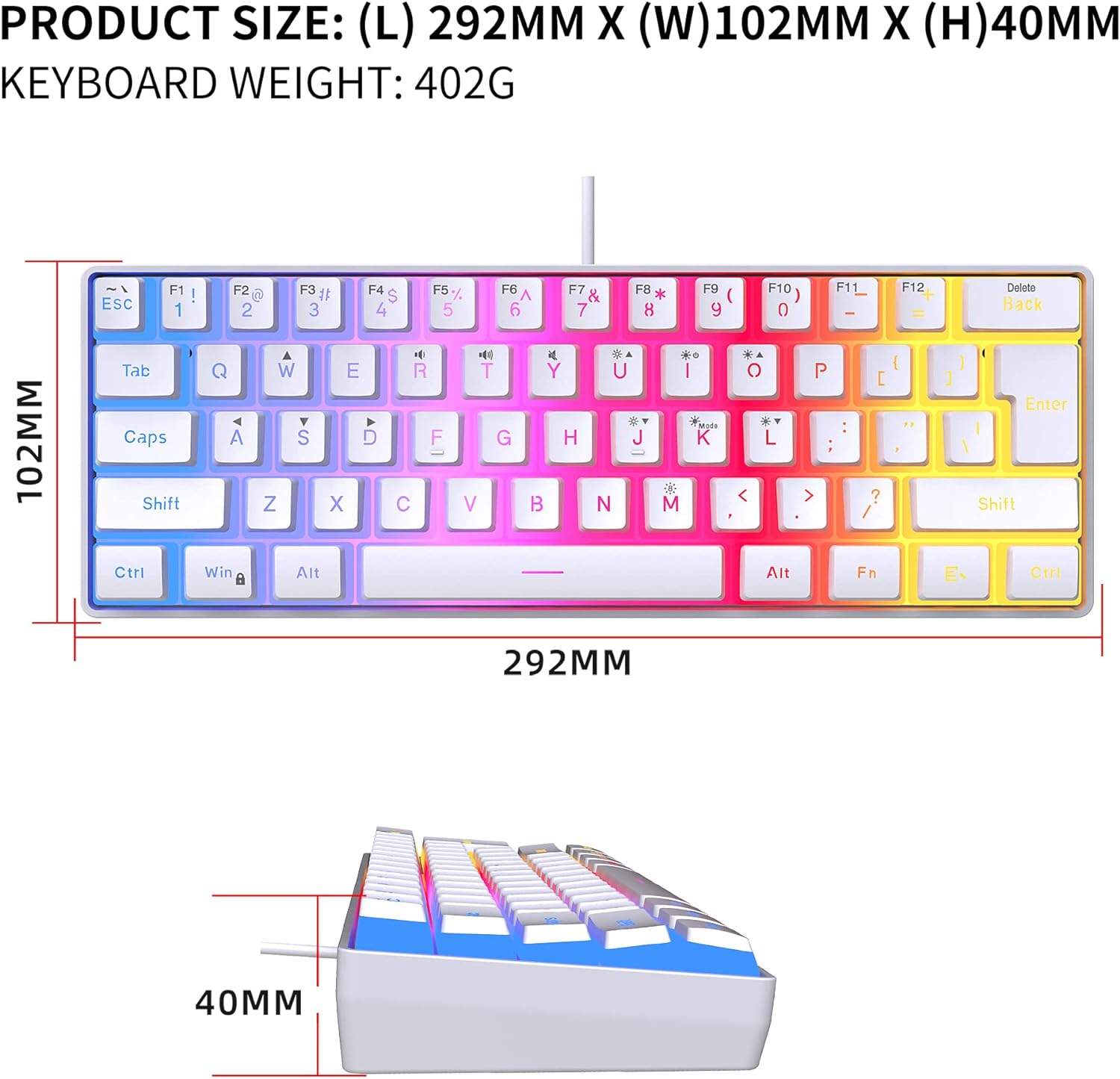 Snpurdiri 60% White Wired Gaming Keyboard, Translucent Pudding Keycaps Layer, RGB Backlit Ultra-Compact