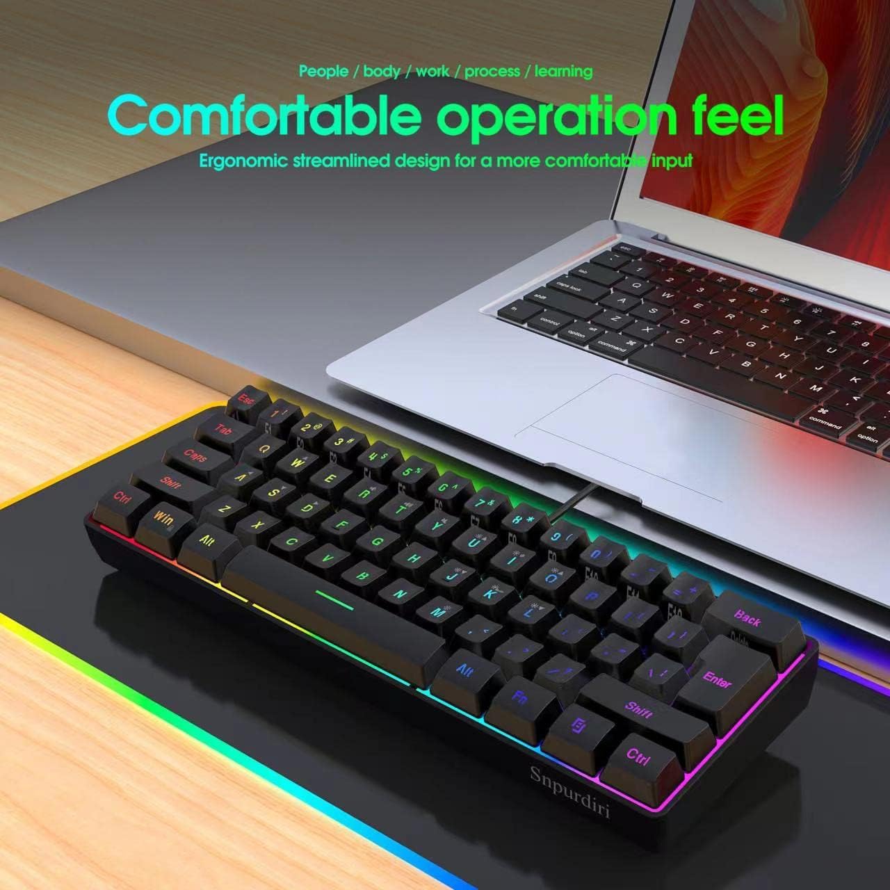 Snpurdiri 60% Black Wired Gaming Keyboard, RGB Backlit Ultra-Compact Mini Keyboard