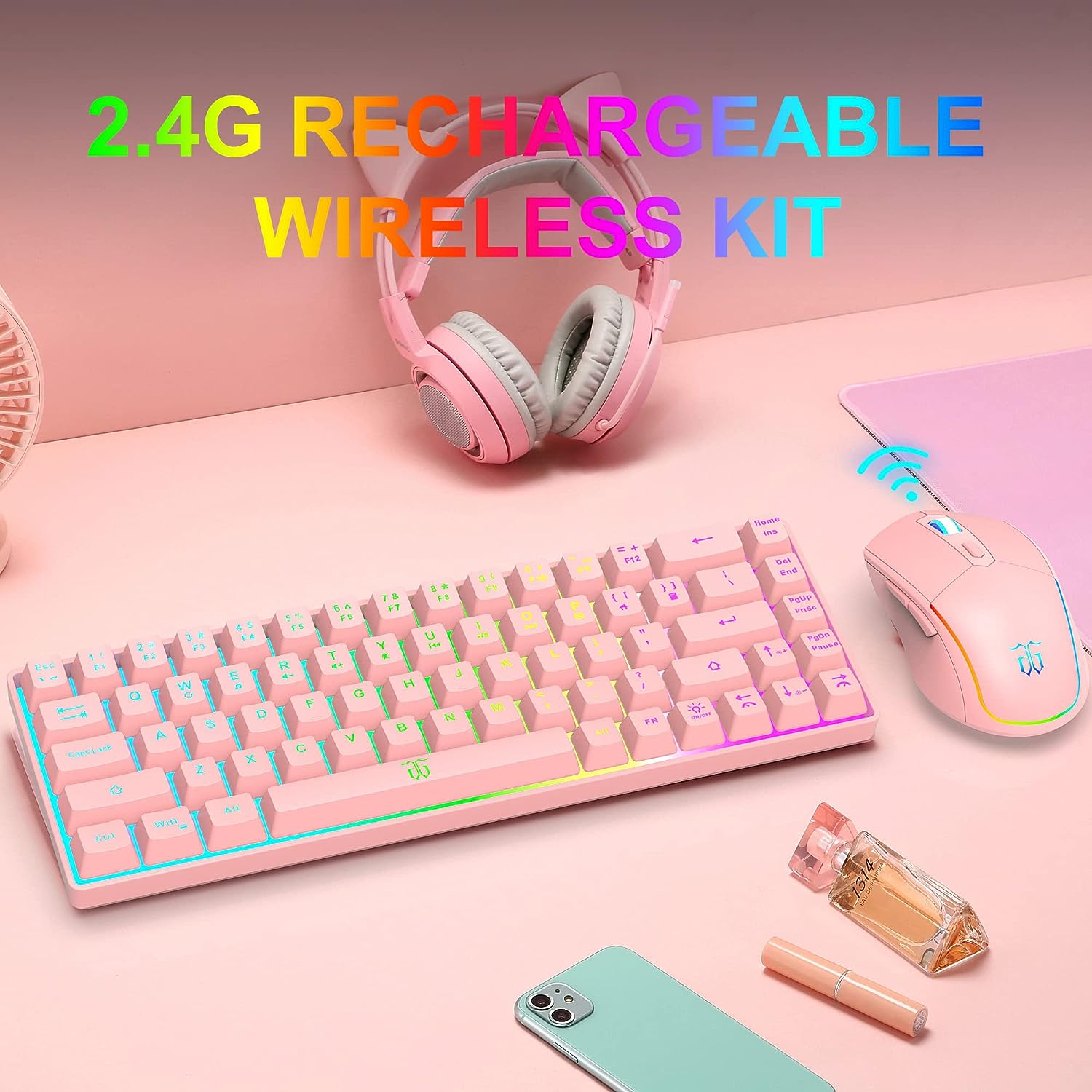 Snpurdiri 60% Pink Wireless Gaming Keyboard and Mouse Combo,LED Backlit Rechargeable 2000mAh Battery