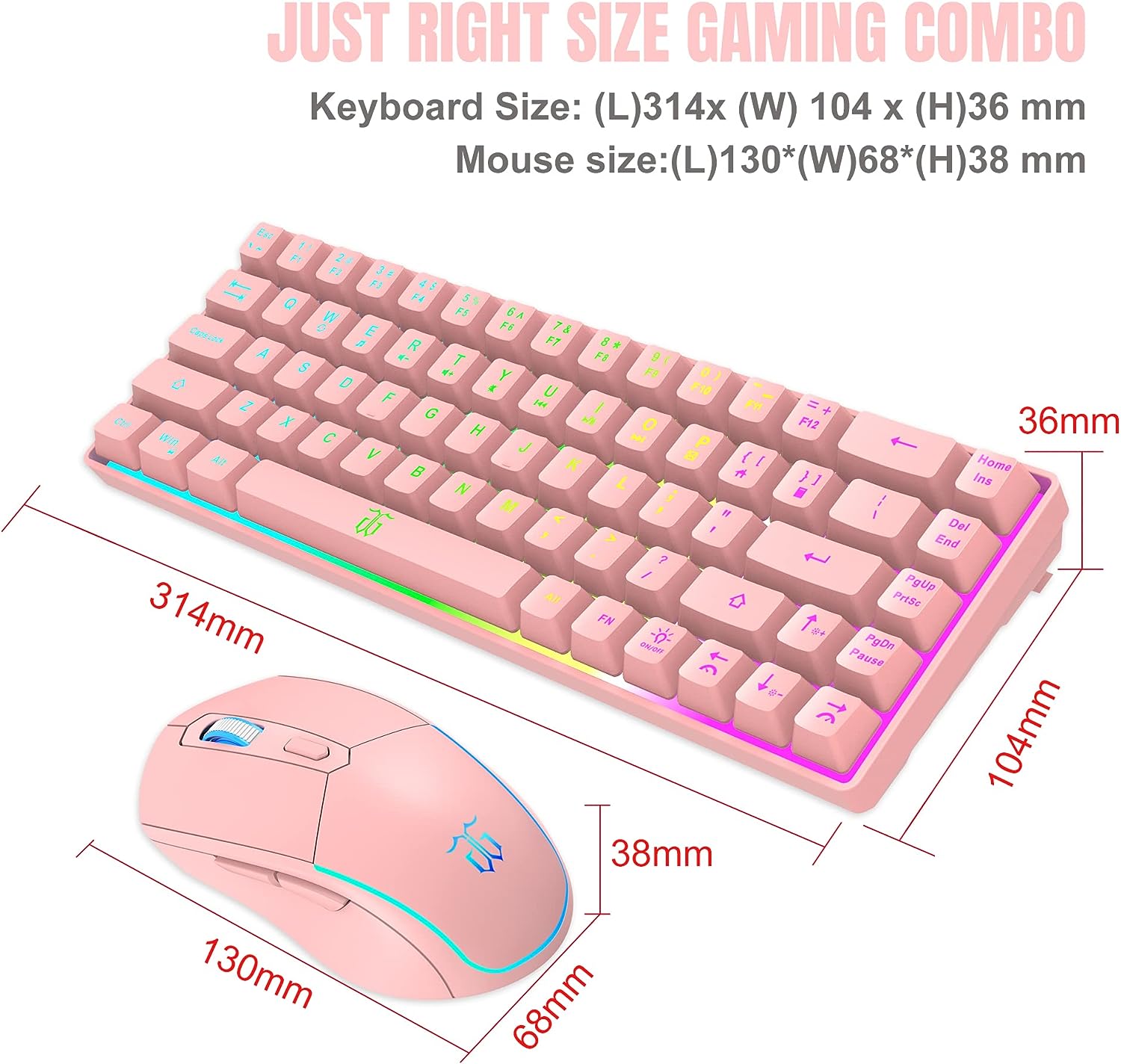 Snpurdiri 60% Pink Wireless Gaming Keyboard and Mouse Combo,LED Backlit Rechargeable 2000mAh Battery