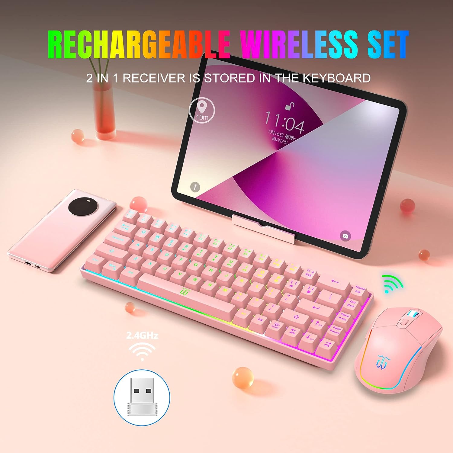 Snpurdiri 60% Pink Wireless Gaming Keyboard and Mouse Combo,LED Backlit Rechargeable 2000mAh Battery