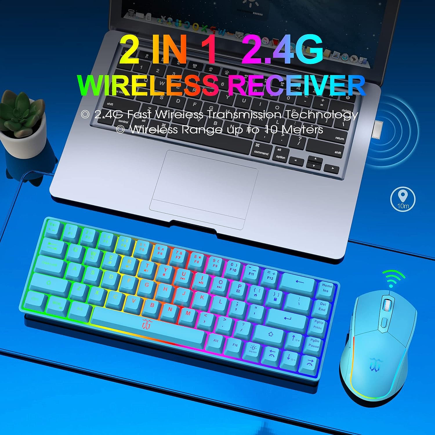 Snpurdiri 60% Blue Wireless Gaming Keyboard and Mouse Combo,LED Backlit Rechargeable 2000mAh Battery