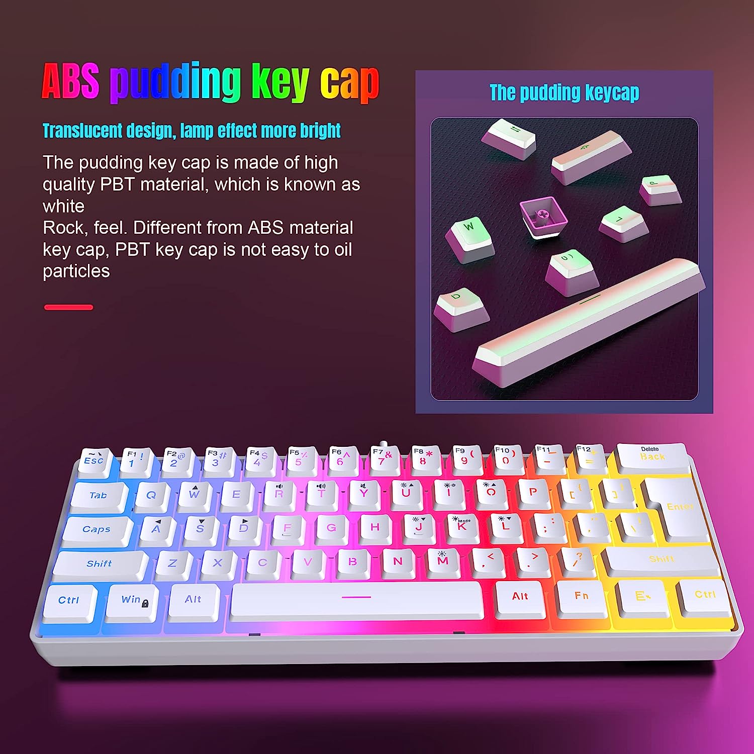 Snpurdiri 60% White Wired Gaming Keyboard, Translucent Pudding Keycaps Layer, RGB Backlit Ultra-Compact