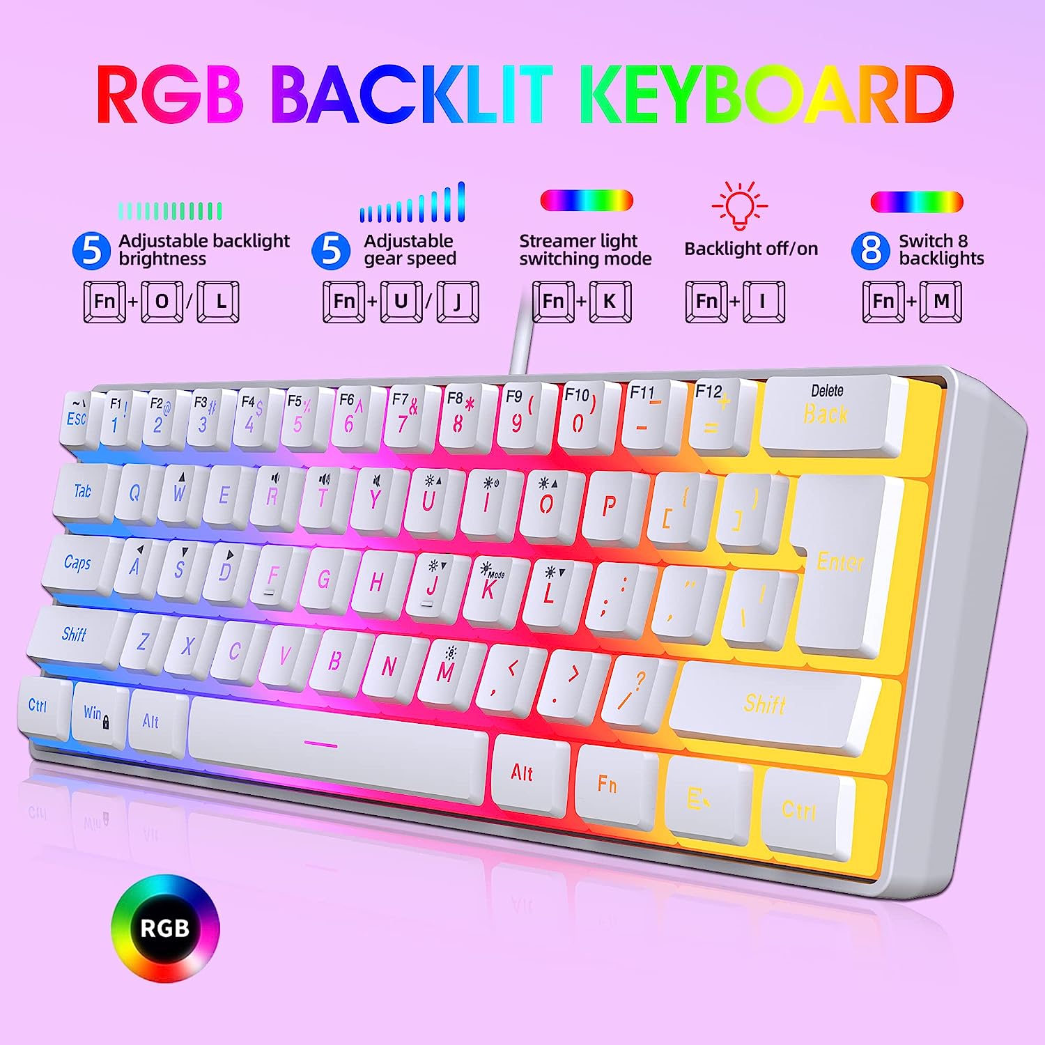 Snpurdiri 60% White Wired Gaming Keyboard, Translucent Pudding Keycaps Layer, RGB Backlit Ultra-Compact