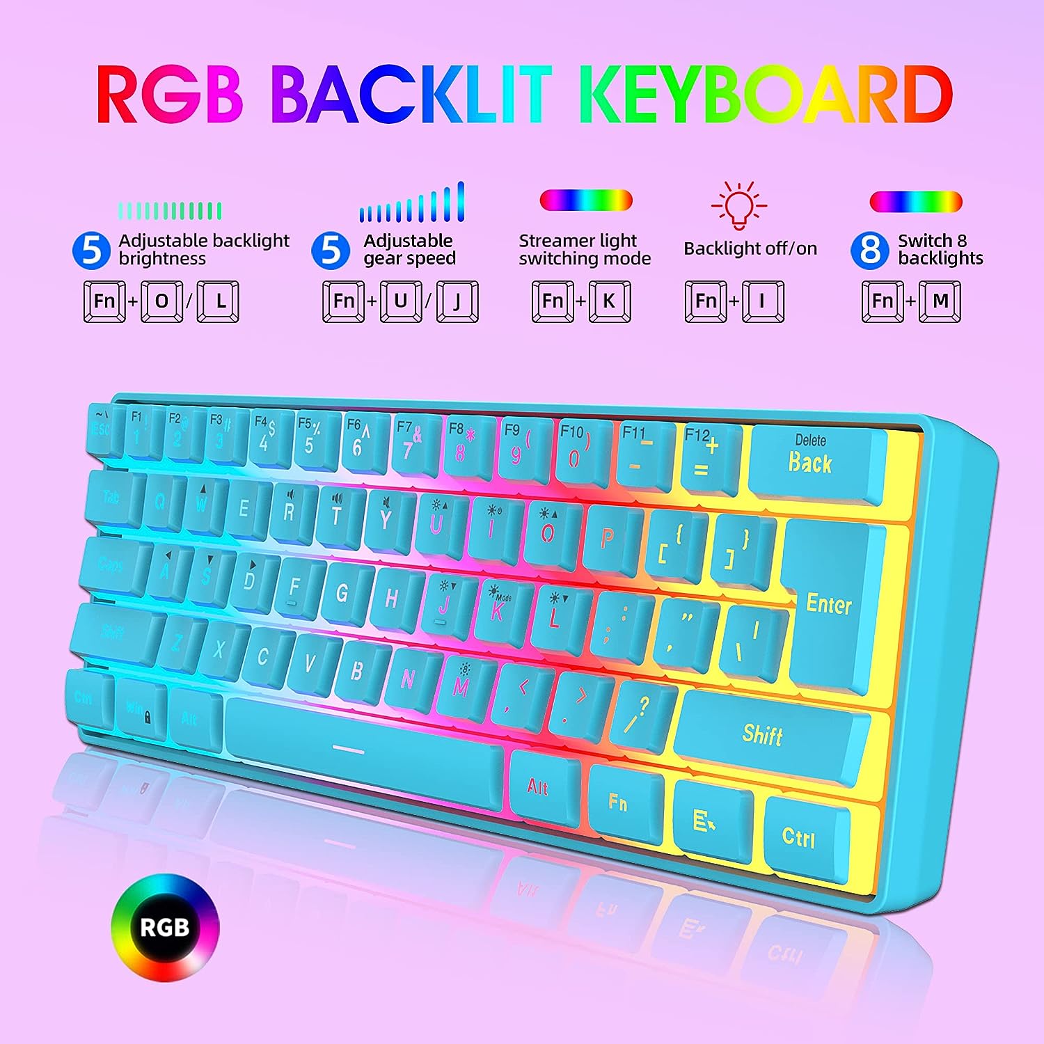 Snpurdiri 60% Blue Wired Gaming Keyboard, RGB Backlit Ultra-Compact Small Keyboard