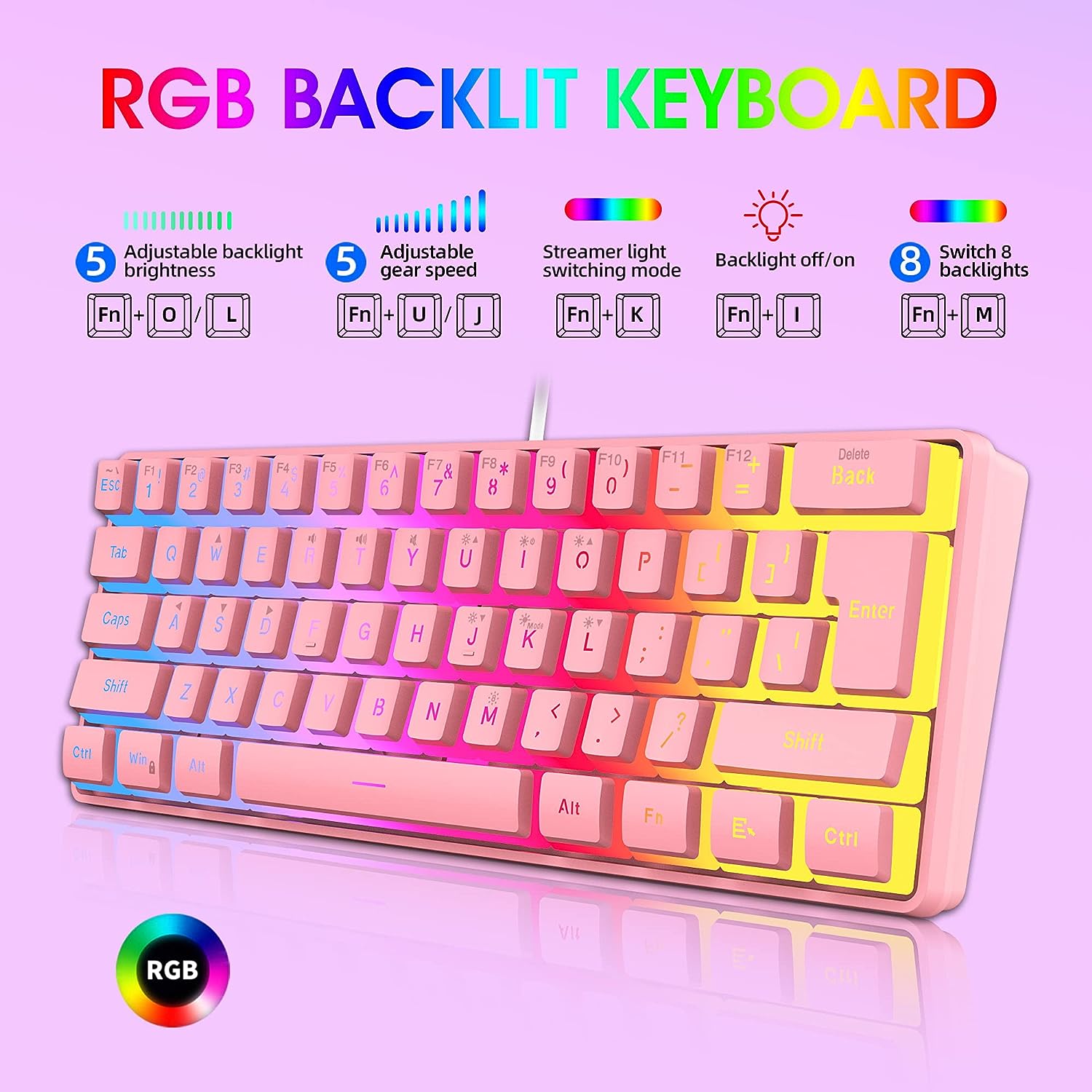 Snpurdiri 60% Pink Wired Gaming Membrane Keyboard