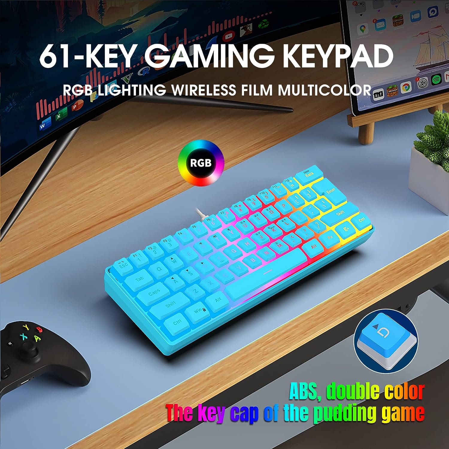 Snpurdiri 60% Blue Wired Gaming Keyboard, RGB Backlit Ultra-Compact Small Keyboard