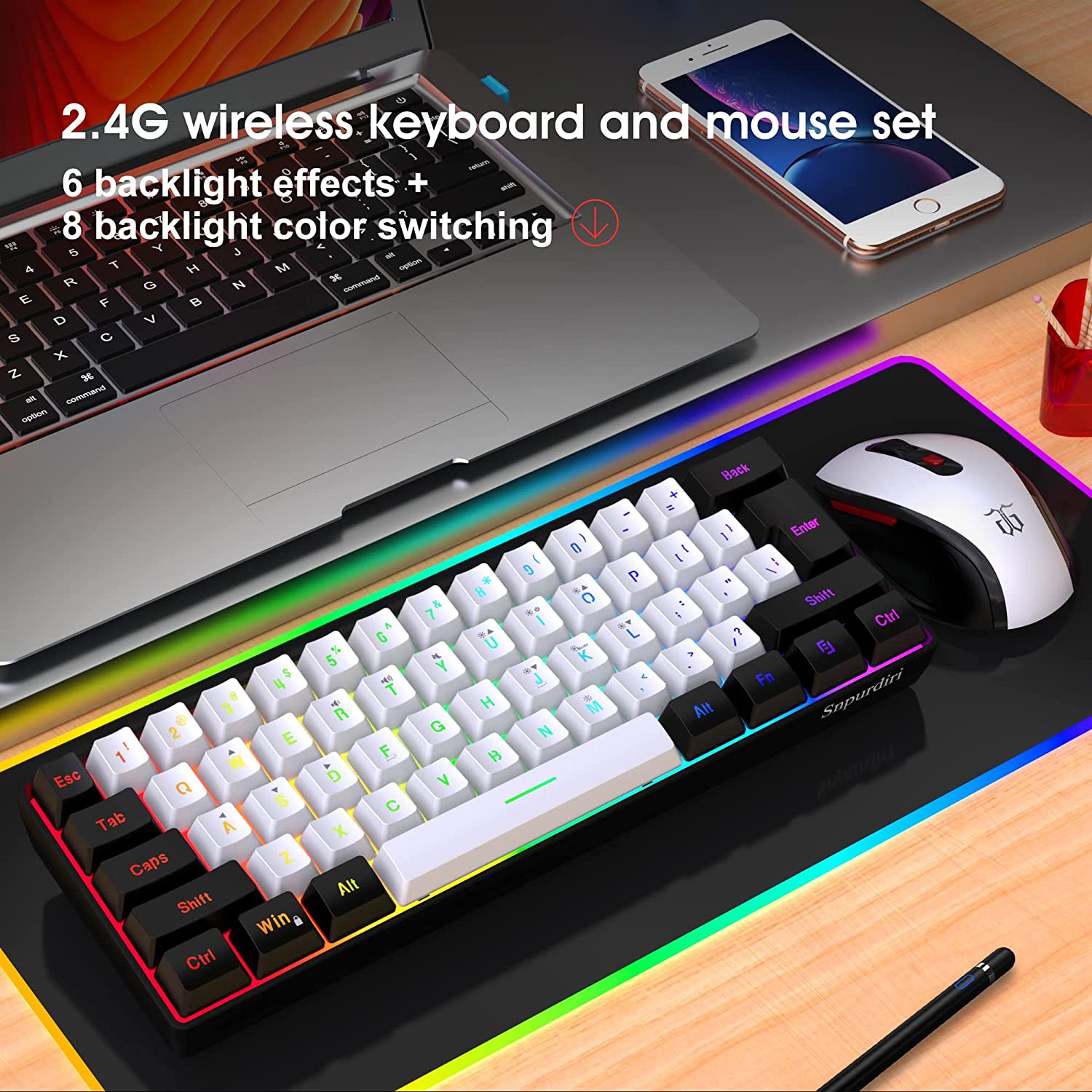 Snpurdiri 2.4G Wireless Gaming Keyboard and Mouse Combo, Black-White