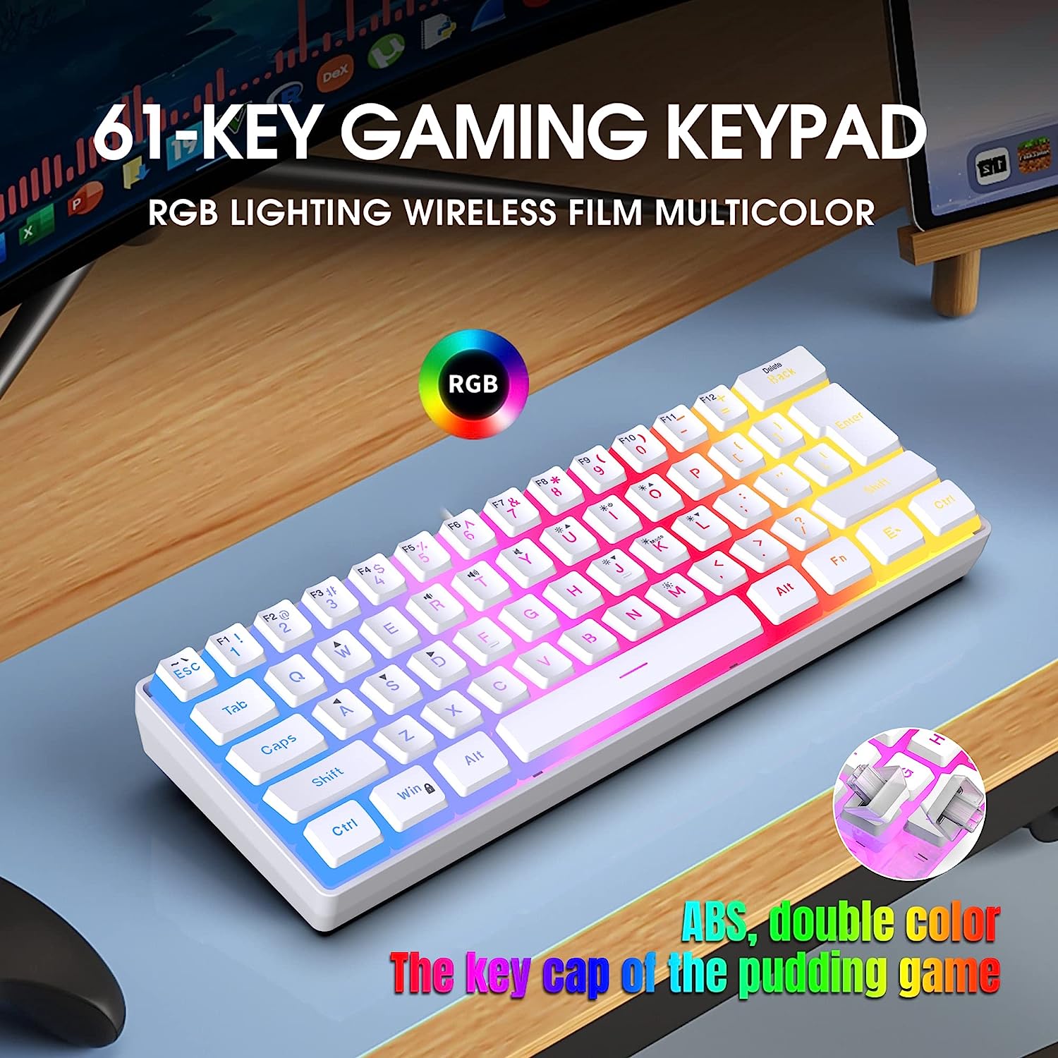 Snpurdiri 60% White Wired Gaming Keyboard, Translucent Pudding Keycaps Layer, RGB Backlit Ultra-Compact