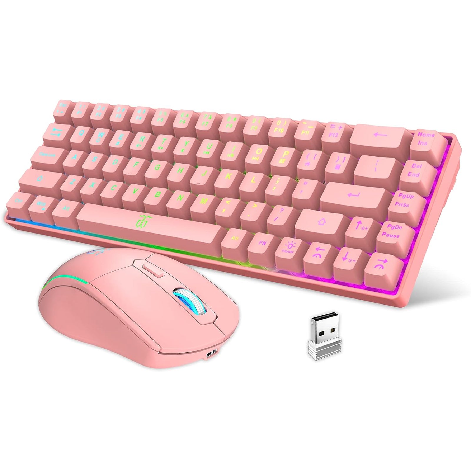 Snpurdiri 60% Pink Wireless Gaming Keyboard and Mouse Combo,LED Backlit Rechargeable 2000mAh Battery