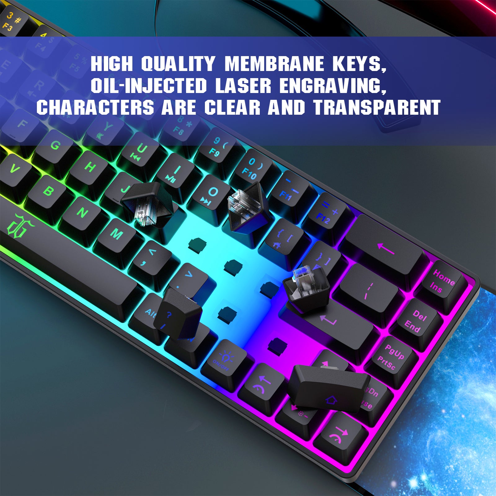 Snpurdiri 65% Membrane Wired Gaming Keyboard, Rainbow Backlit Mini Keyboard (Black)