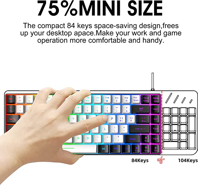 Snpurdiri 75% Membrane Wired Gaming Keyboard, White-Black