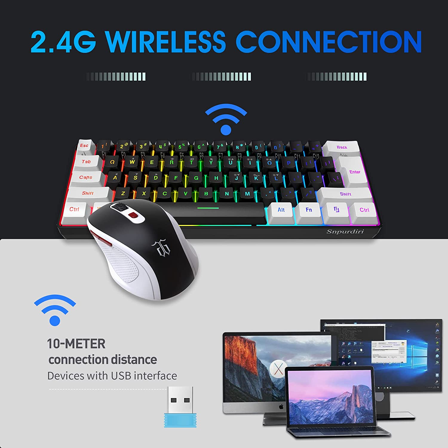 Snpurdiri 60% 2.4G Wireless Gaming Combo, Black and White