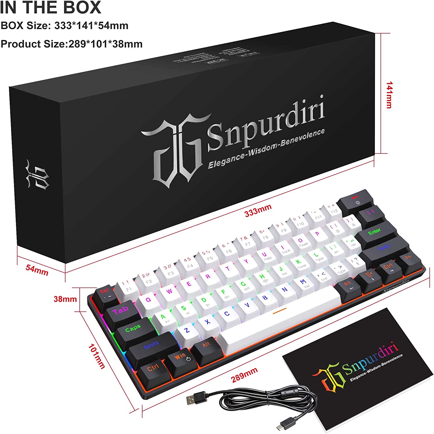 Snpurdiri Wired 60% Mechanical Gaming Keyboard, Ultra-Compact Black-white