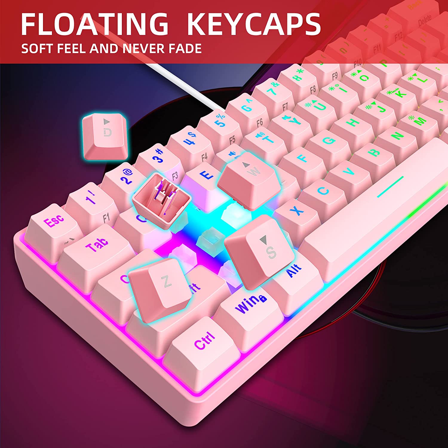 Snpurdiri 60% Wired Membrane Gaming Keyboard RGB Backlit, Pink