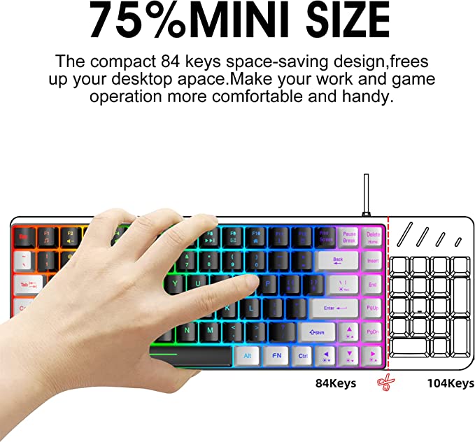 Snpurdiri 75% Membrane Wired Gaming Keyboard, 84keys, Black-White