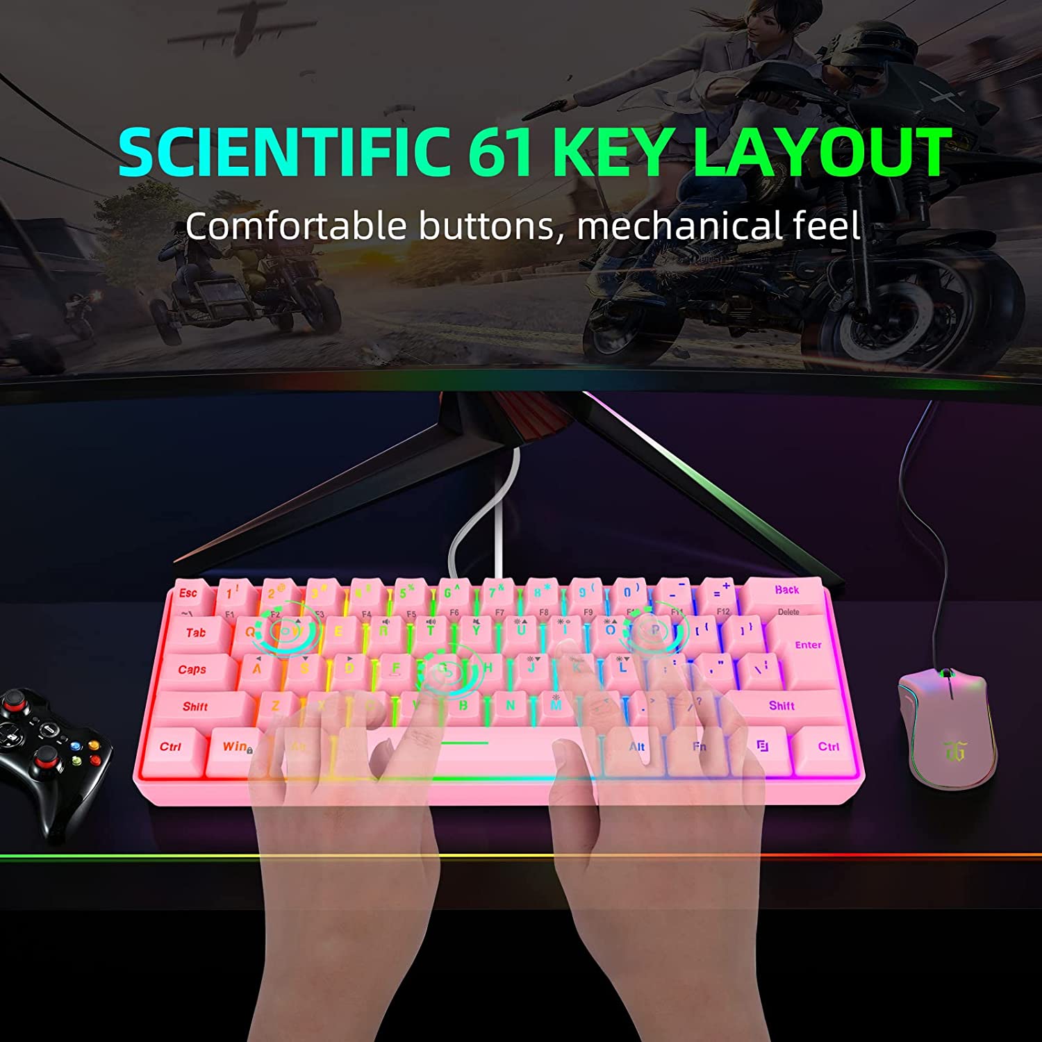 Snpurdiri 60% Wired Membrane Gaming Keyboard RGB Backlit, Pink