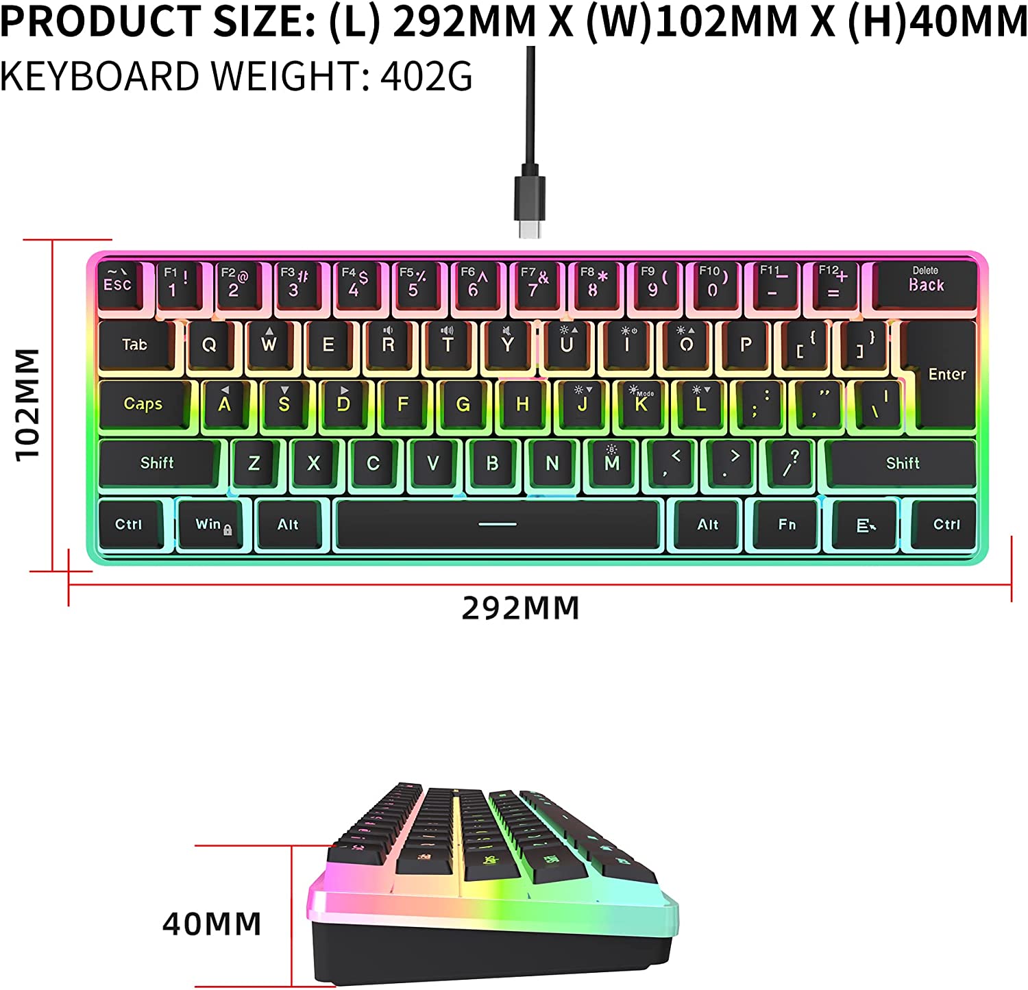 Snpurdiri 60% Membrane Wired Gaming Keyboard, RGB, Black Pudding