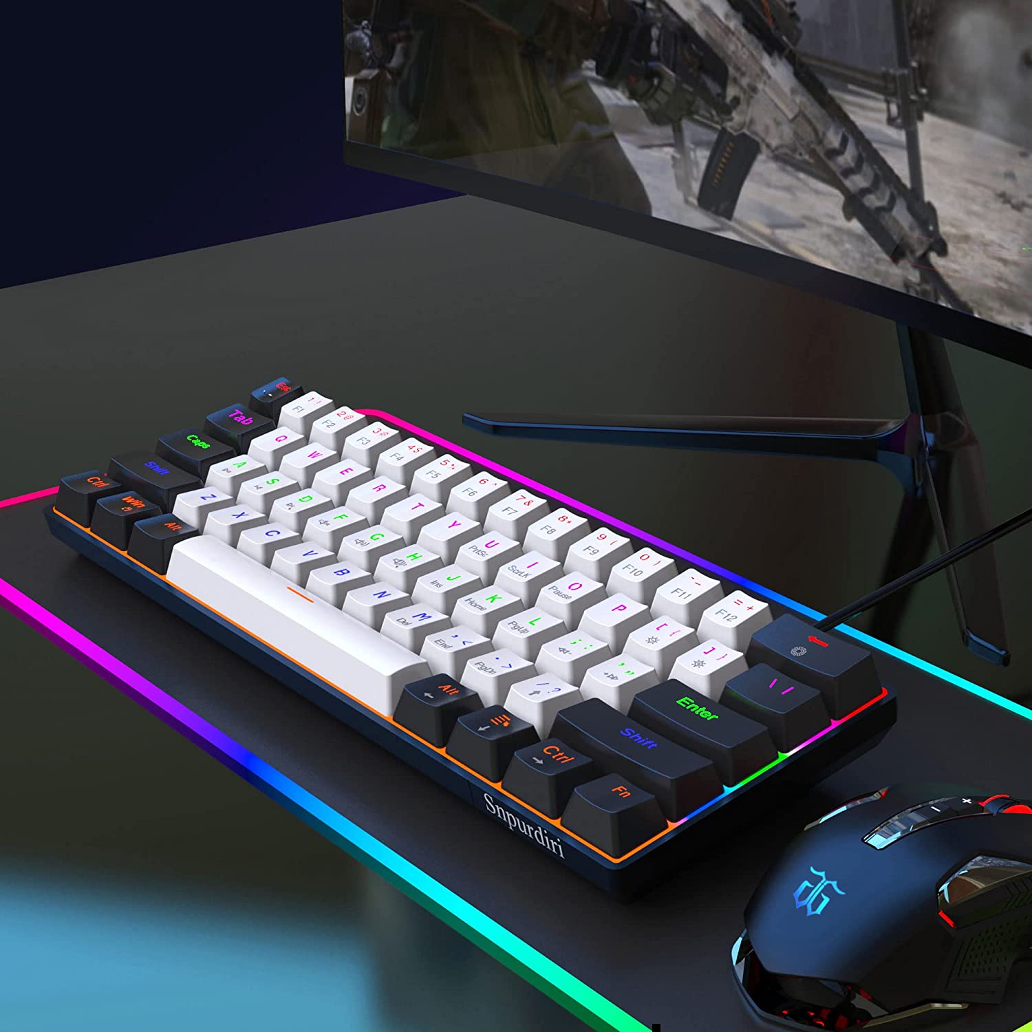 Snpurdiri Wired 60% Mechanical Gaming Keyboard, Ultra-Compact Black-white