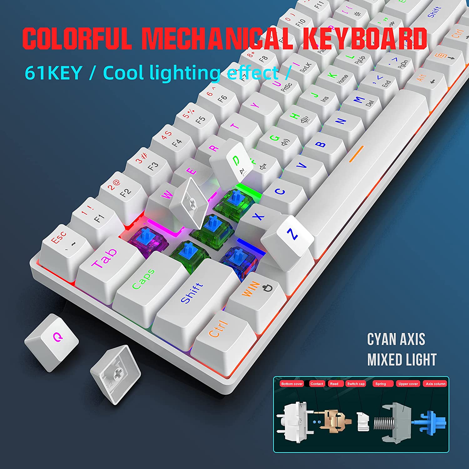 Snpurdiri Wired 60% Mechanical Gaming Keyboard, Blue Switch ,Ultra-Compact White