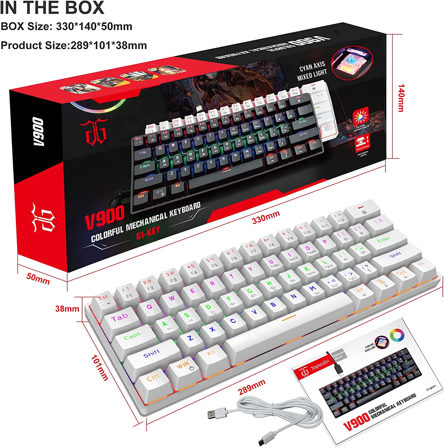 Snpurdiri Wired 60% Mechanical Gaming Keyboard, Blue Switch ,Ultra-Compact White