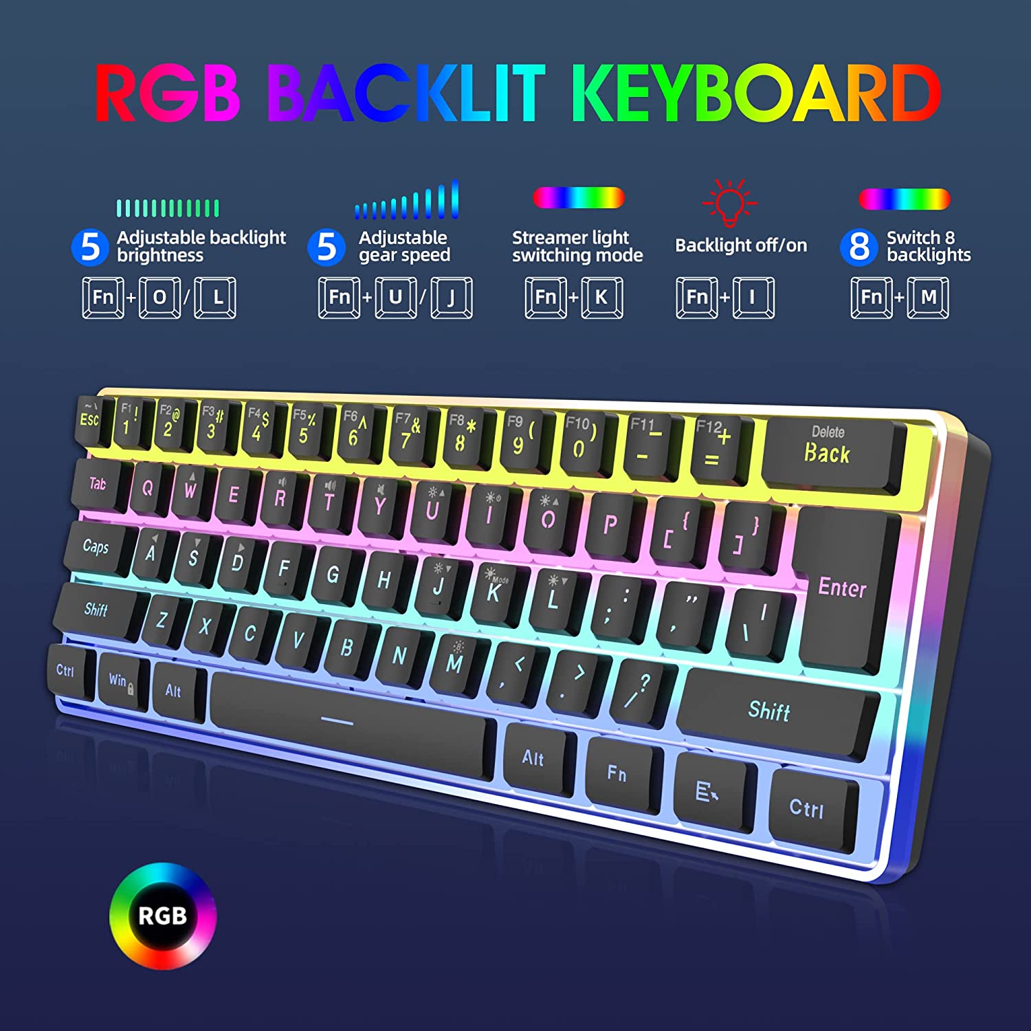 Snpurdiri 60% Membrane Wired Gaming Keyboard, RGB, Black Pudding