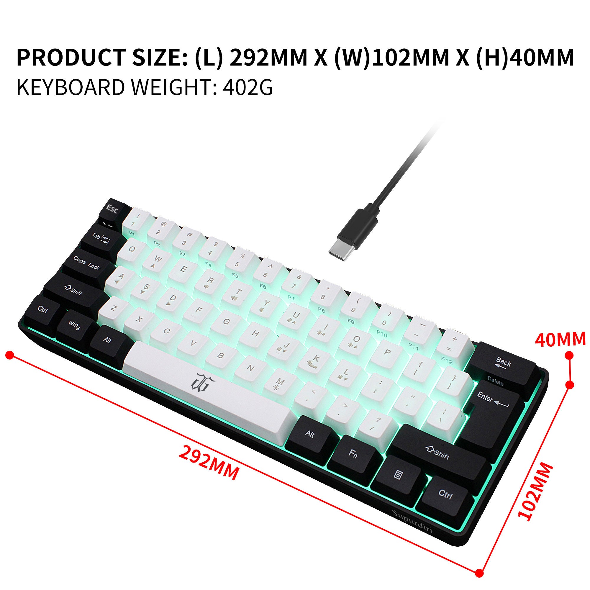 Snpurdiri 60% Membrane Wired Gaming Keyboard, Black-white