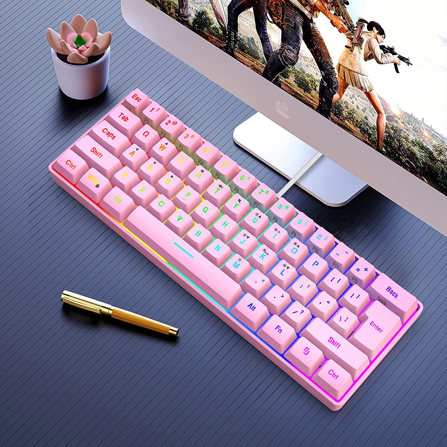 Snpurdiri 60% Wired Membrane Gaming Keyboard RGB Backlit, Pink