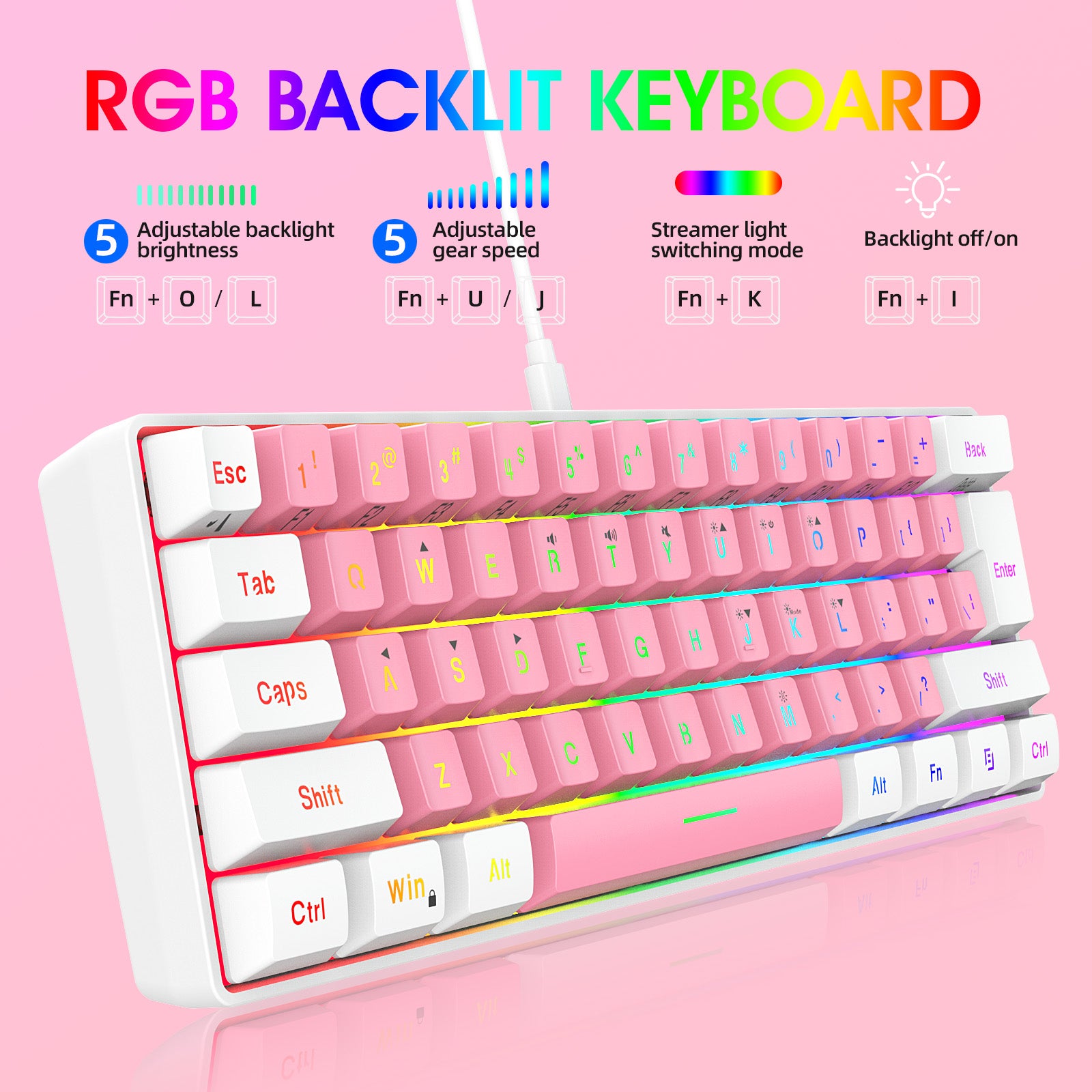 Snpurdiri 60% Membrane Wired Gaming Keyboard, White and Pink