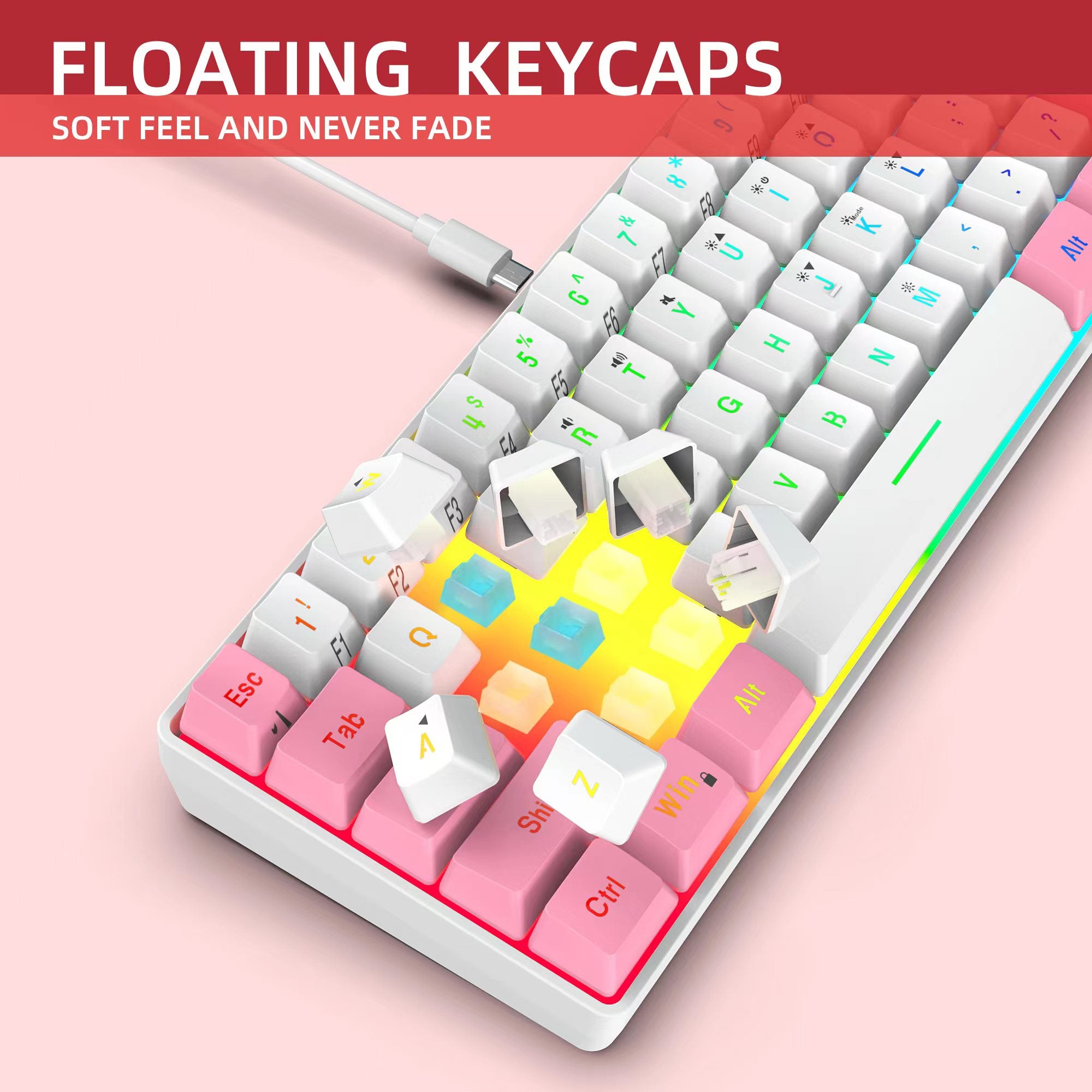 Snpurdiri 60% Membrane Wired Gaming Keyboard, Pink-white