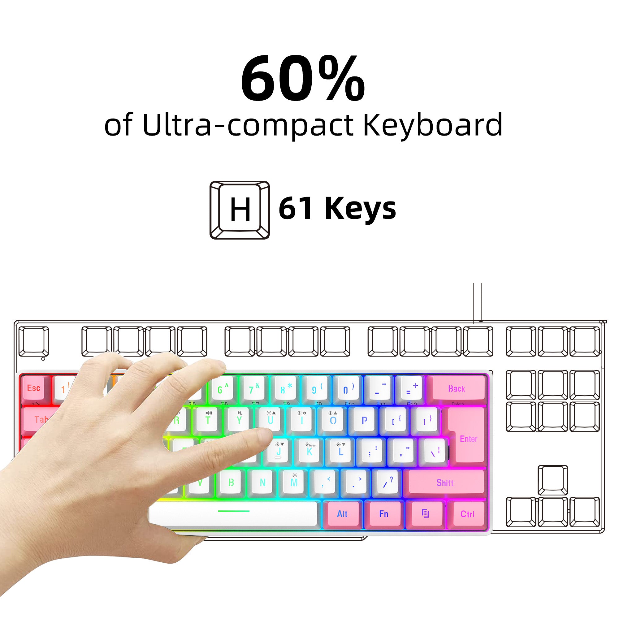 Snpurdiri 60% Membrane Wired Gaming Keyboard, Pink-white